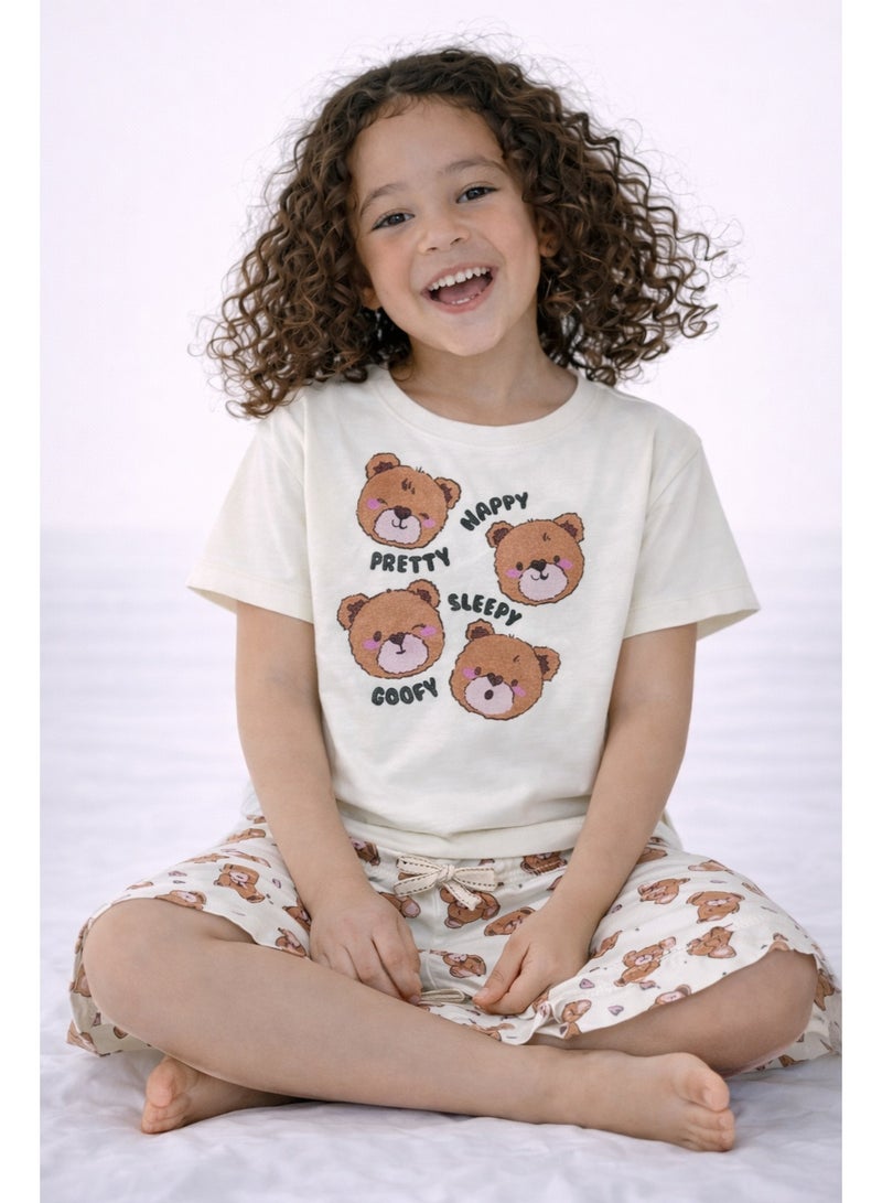 victor and jane Girls’ Pajama Set – Teddy Faces Graphic T-Shirt & All-Over Print Shorts - Image 2